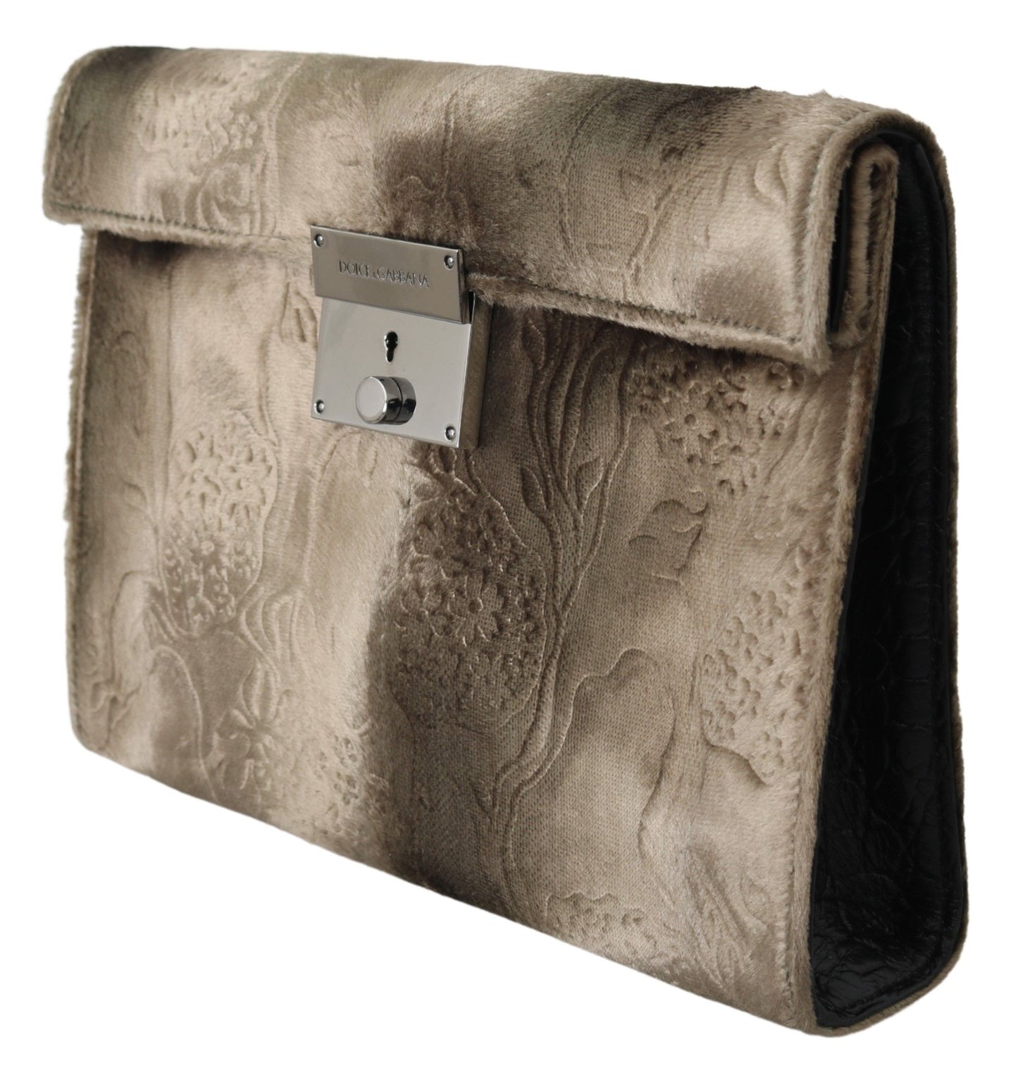 Dolce & Gabbana Beige Samt-Aktentasche aus Leder mit Kroko-Print