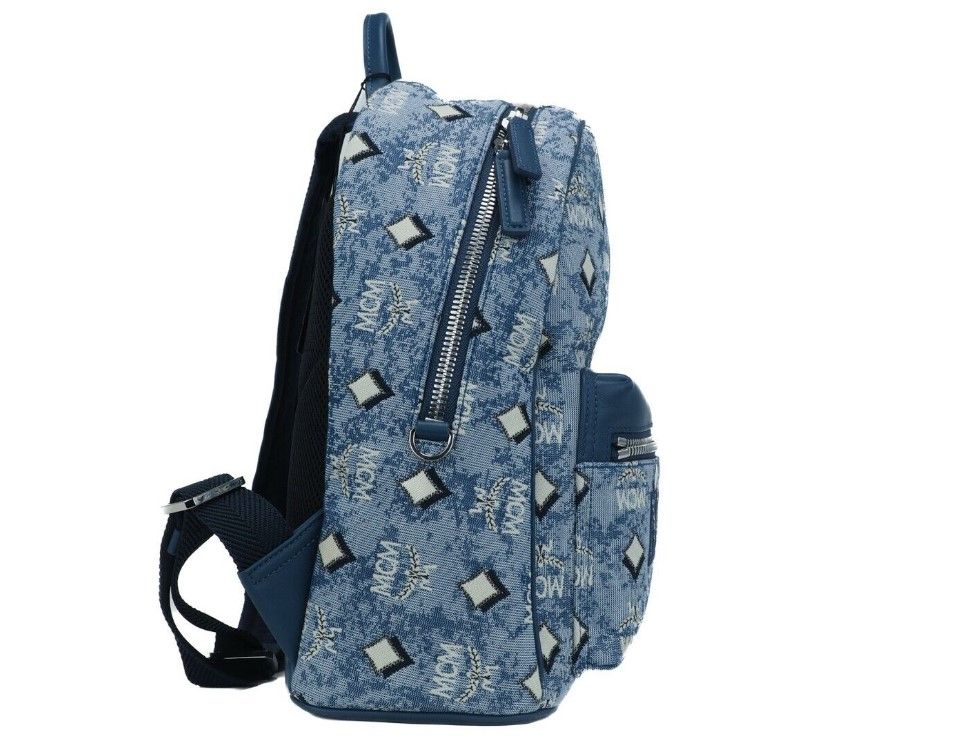 MCM Stark Small Blue Vintage Jacquard Monogram Logo Fabric Backpack Bookbag at The Platonist