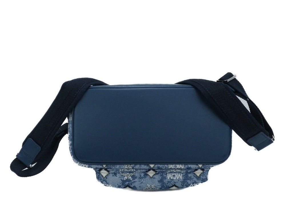 MCM Stark Small Blue Vintage Jacquard Monogram Logo Fabric Backpack Bookbag at The Platonist