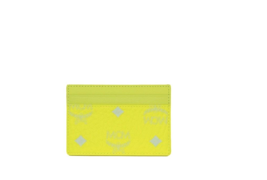 MCM Spectrum Diamond Mini Neon Yellow Visetos Leather Card Case Holder Wallet at The Platonist