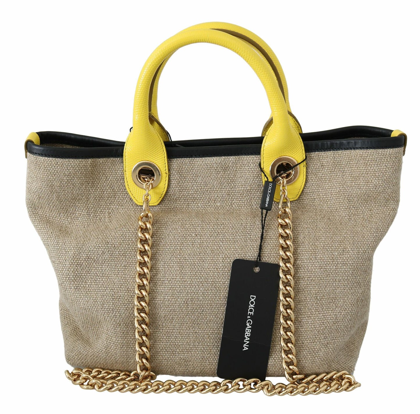 Dolce & Gabbana Beige Leinen-Kalbs-Tasche mit Goldkette