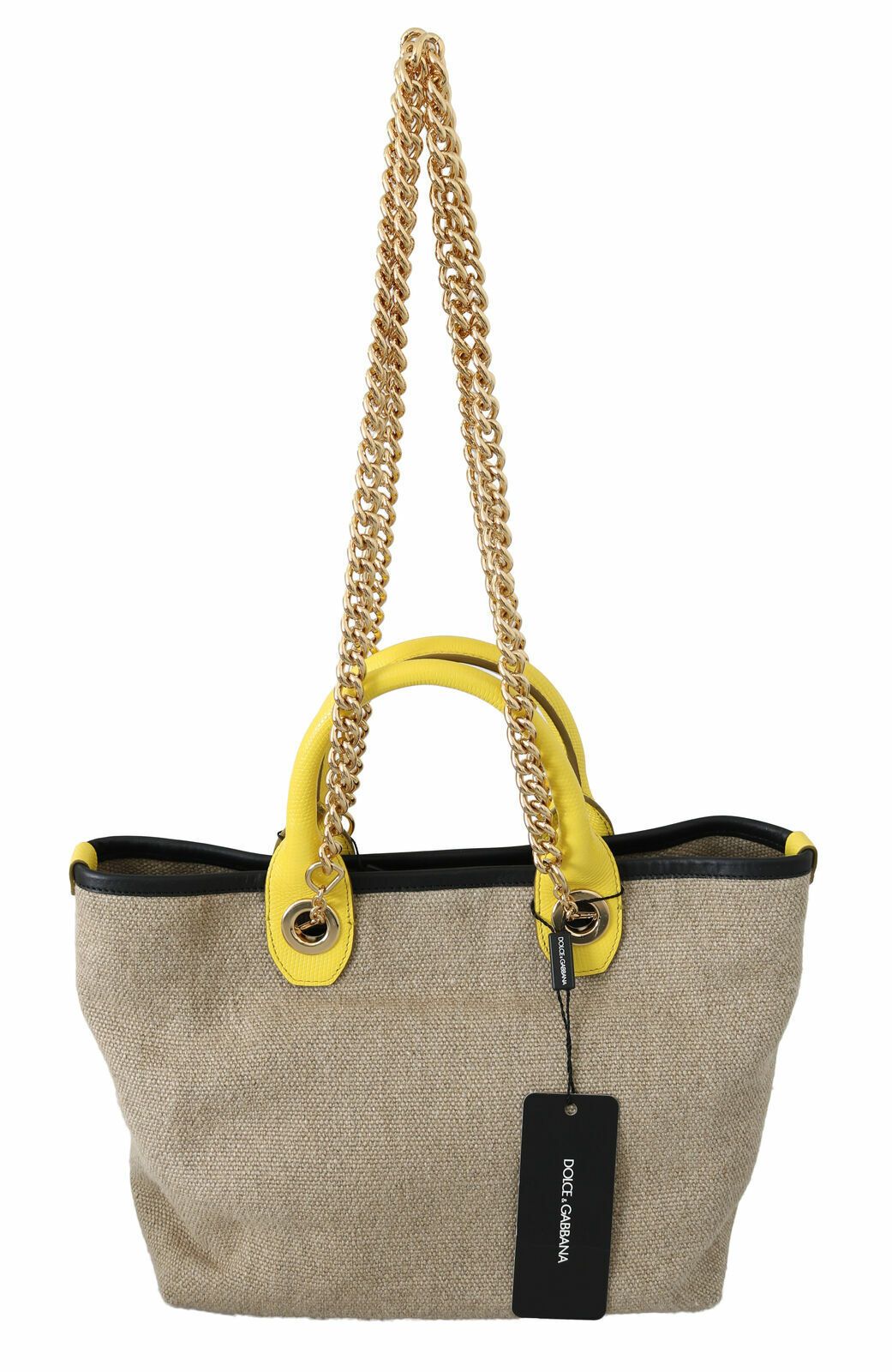 Dolce & Gabbana Beige Leinen-Kalbs-Tasche mit Goldkette