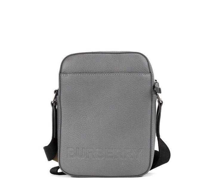 Burberry Thornton Small Grey Embossed Logo Grainy Leather Crossbody Handbag at The Platonist
