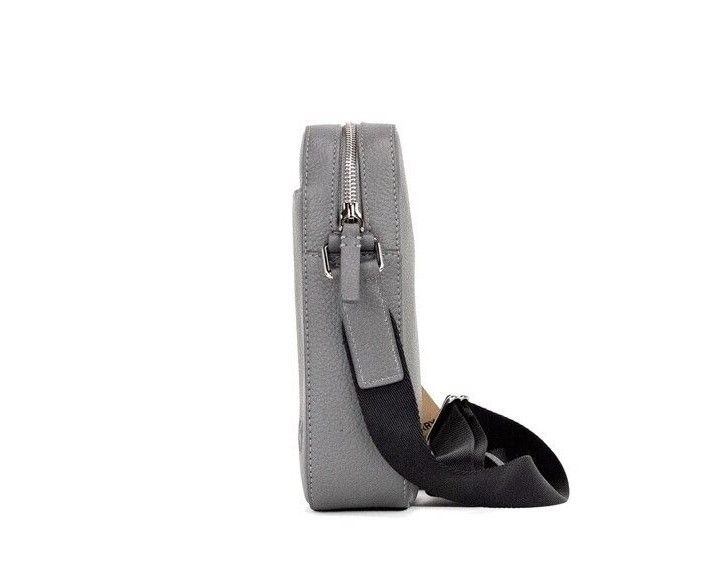 Burberry Thornton Small Grey Embossed Logo Grainy Leather Crossbody Handbag at The Platonist