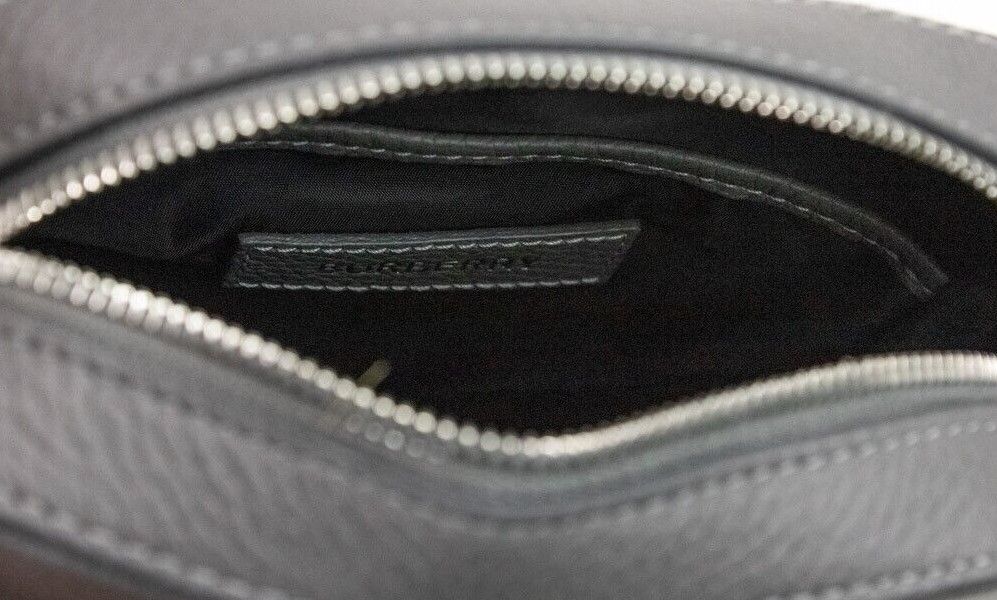 Burberry Thornton Small Grey Embossed Logo Grainy Leather Crossbody Handbag at The Platonist