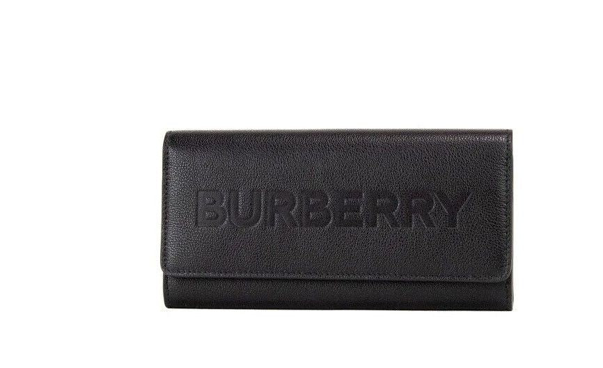 Burberry Porter Black Grained Leather Branded Logo Embossed Clutch Flap Wallet at The Platonist