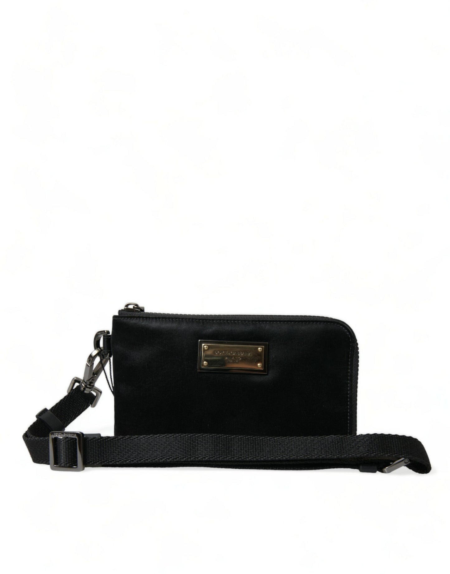 Pochette élégante en cuir et nylon noir Dolce & Gabbana avec détails argentés