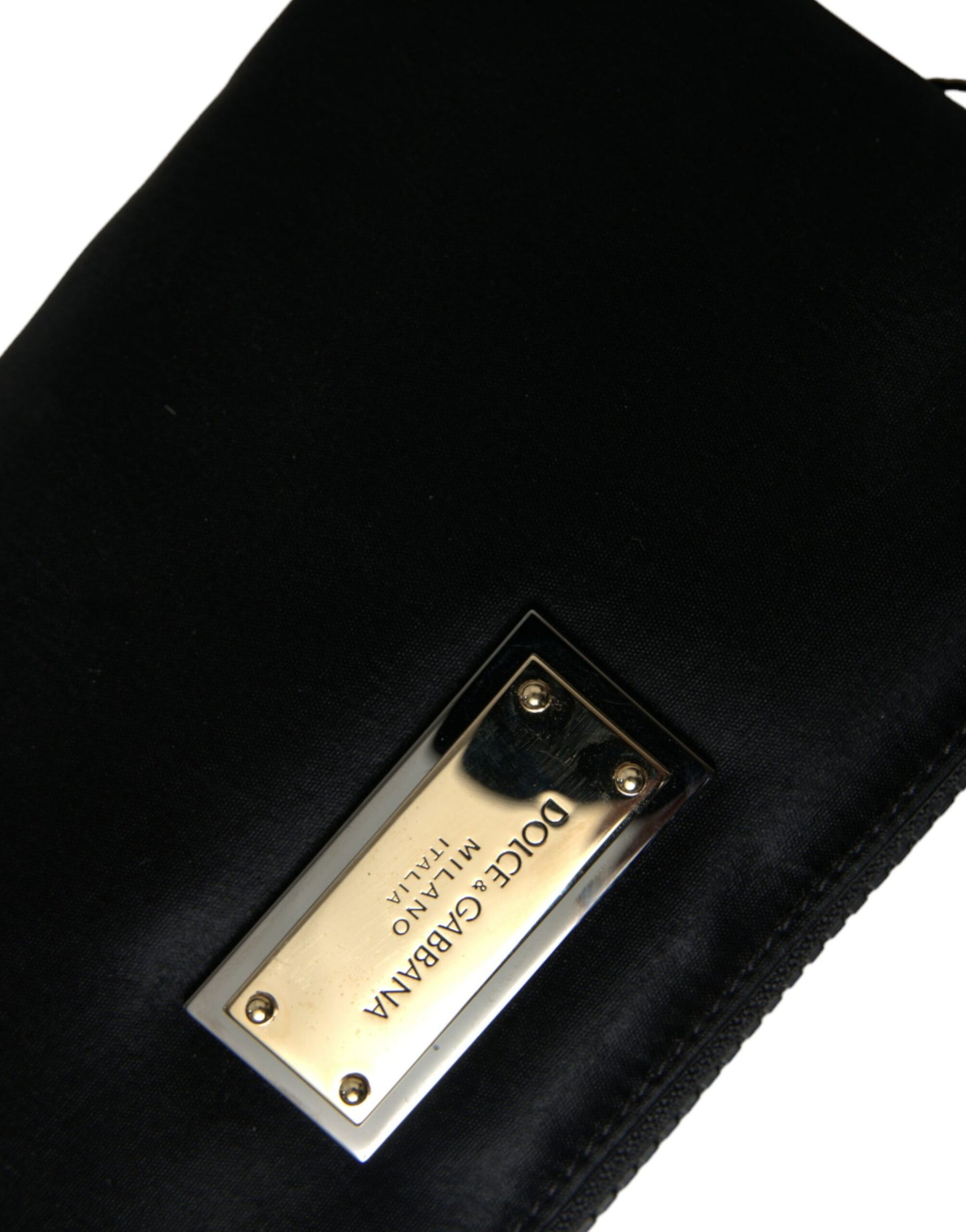 Pochette élégante en cuir et nylon noir Dolce & Gabbana avec détails argentés