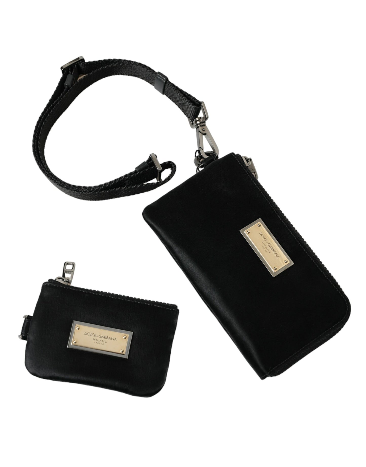 Pochette élégante en cuir et nylon noir Dolce & Gabbana avec détails argentés