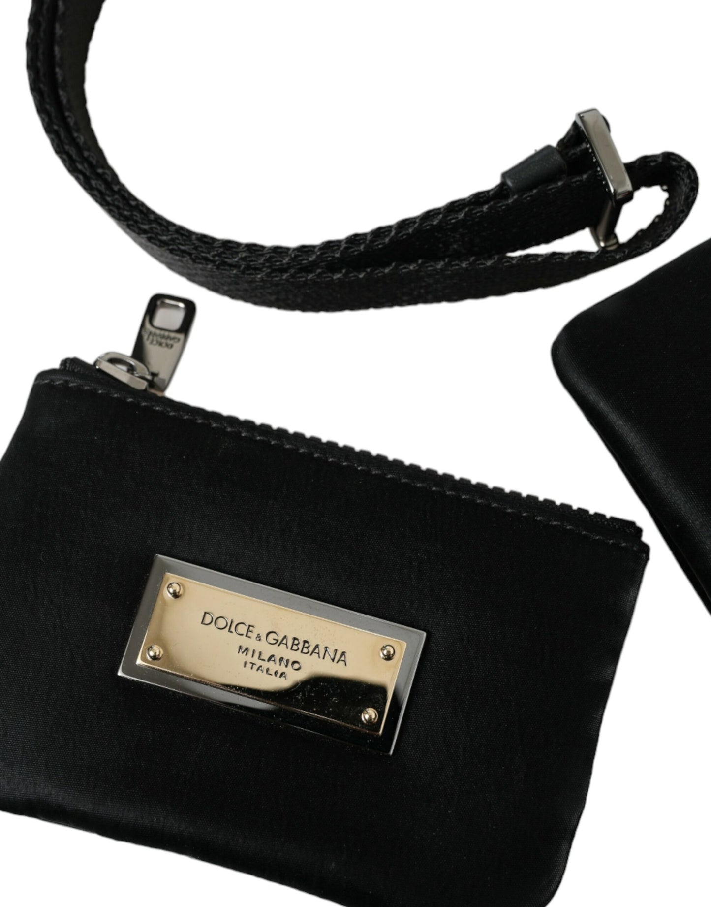 Pochette élégante en cuir et nylon noir Dolce & Gabbana avec détails argentés