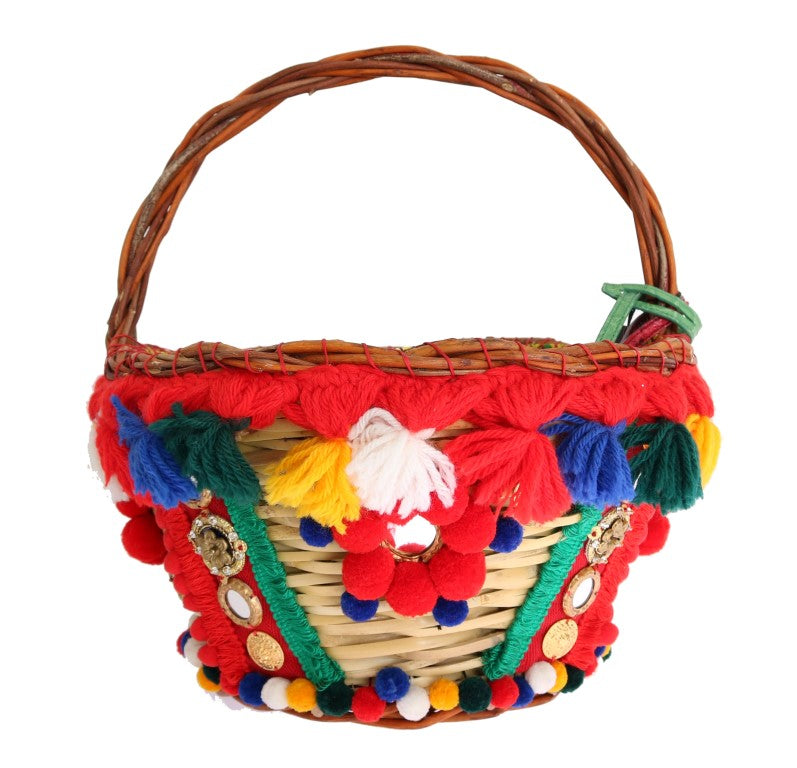 Dolce & Gabbana – Elegante Tote aus Stroh und exotischen Häuten in Beige mit Pom-Pom-Muster