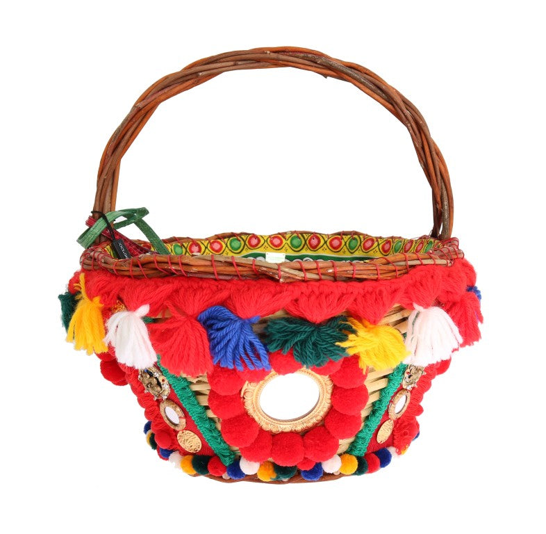 Dolce & Gabbana – Elegante Tote aus Stroh und exotischen Häuten in Beige mit Pom-Pom-Muster