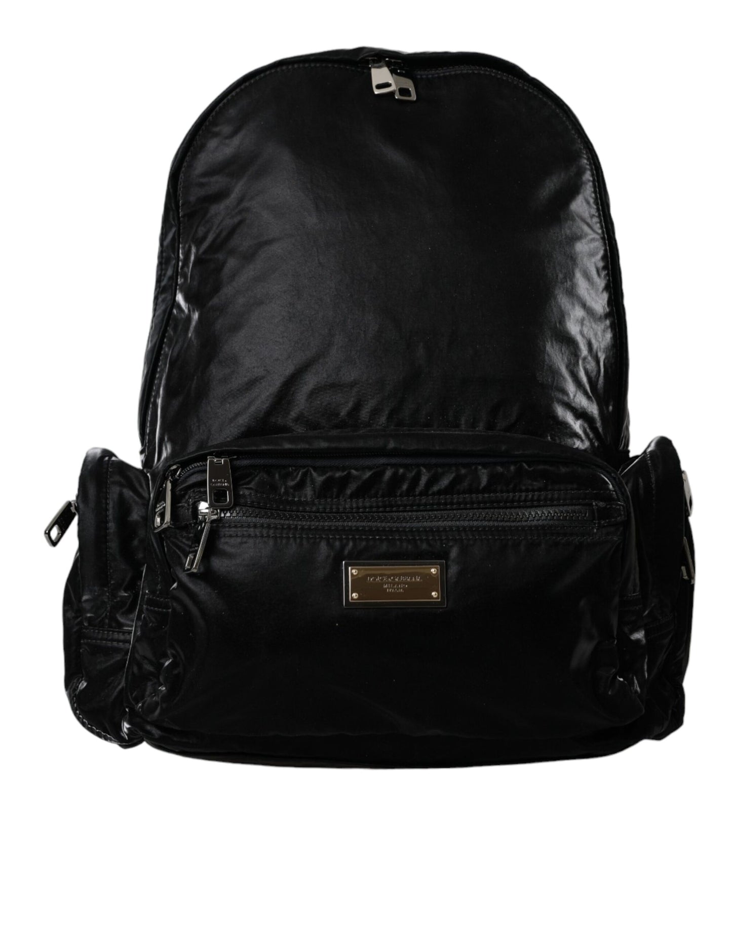 Dolce & Gabbana – Rucksacktasche aus schwarzem Lackleder mit Logo-Plakette