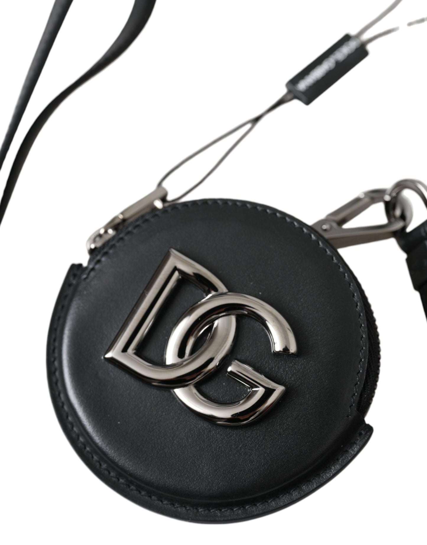 Dolce & Gabbana – Schwarzes rundes Leder-Portemonnaie mit DG-Logo und Schlüsselband