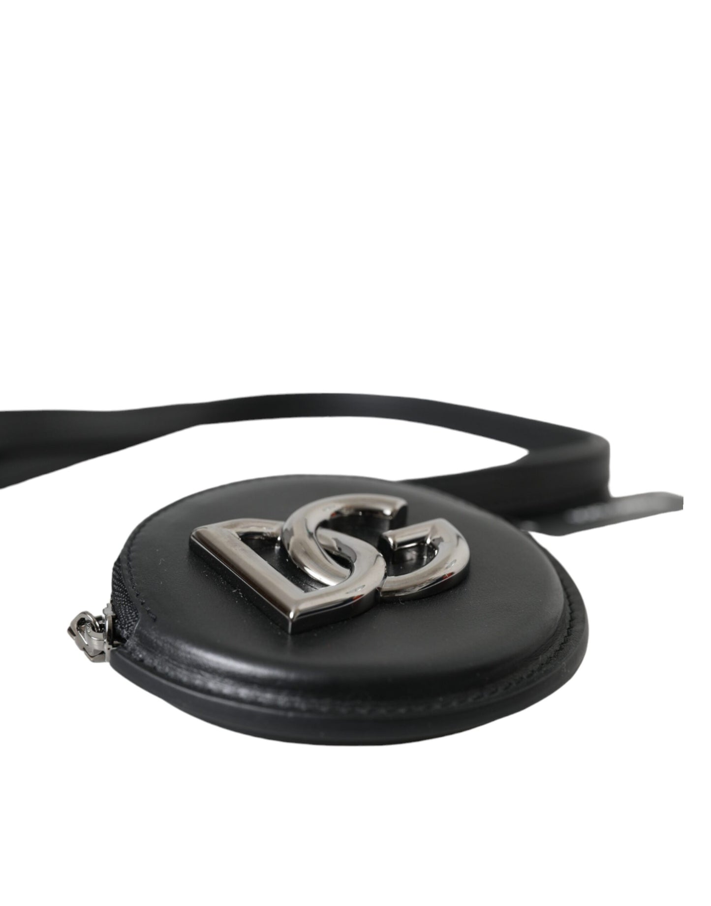 Dolce & Gabbana – Schwarzes rundes Leder-Portemonnaie mit DG-Logo und Schlüsselband