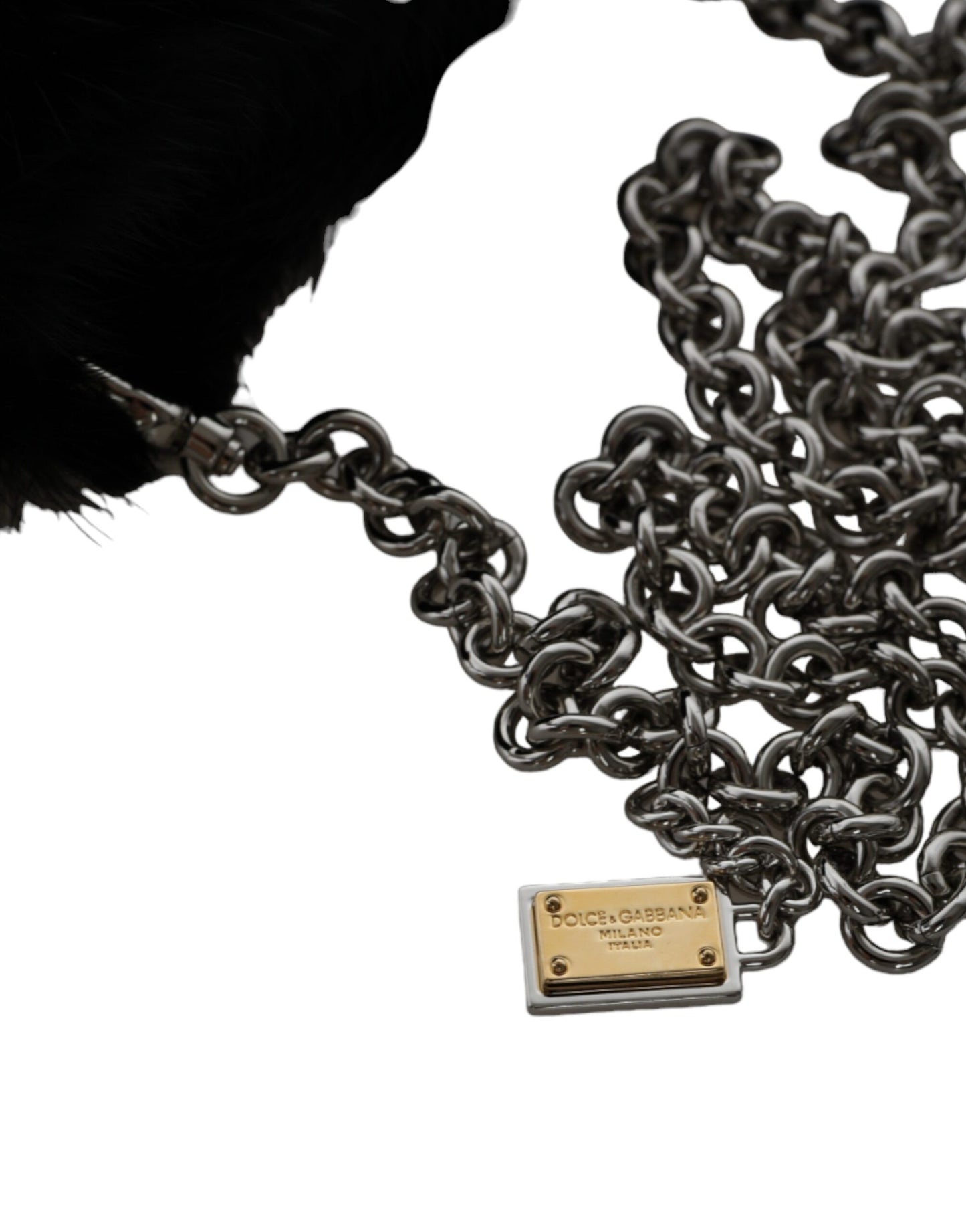 Dolce & Gabbana – Umhängetasche mit silberner Kette und Kunstfell in Schwarz