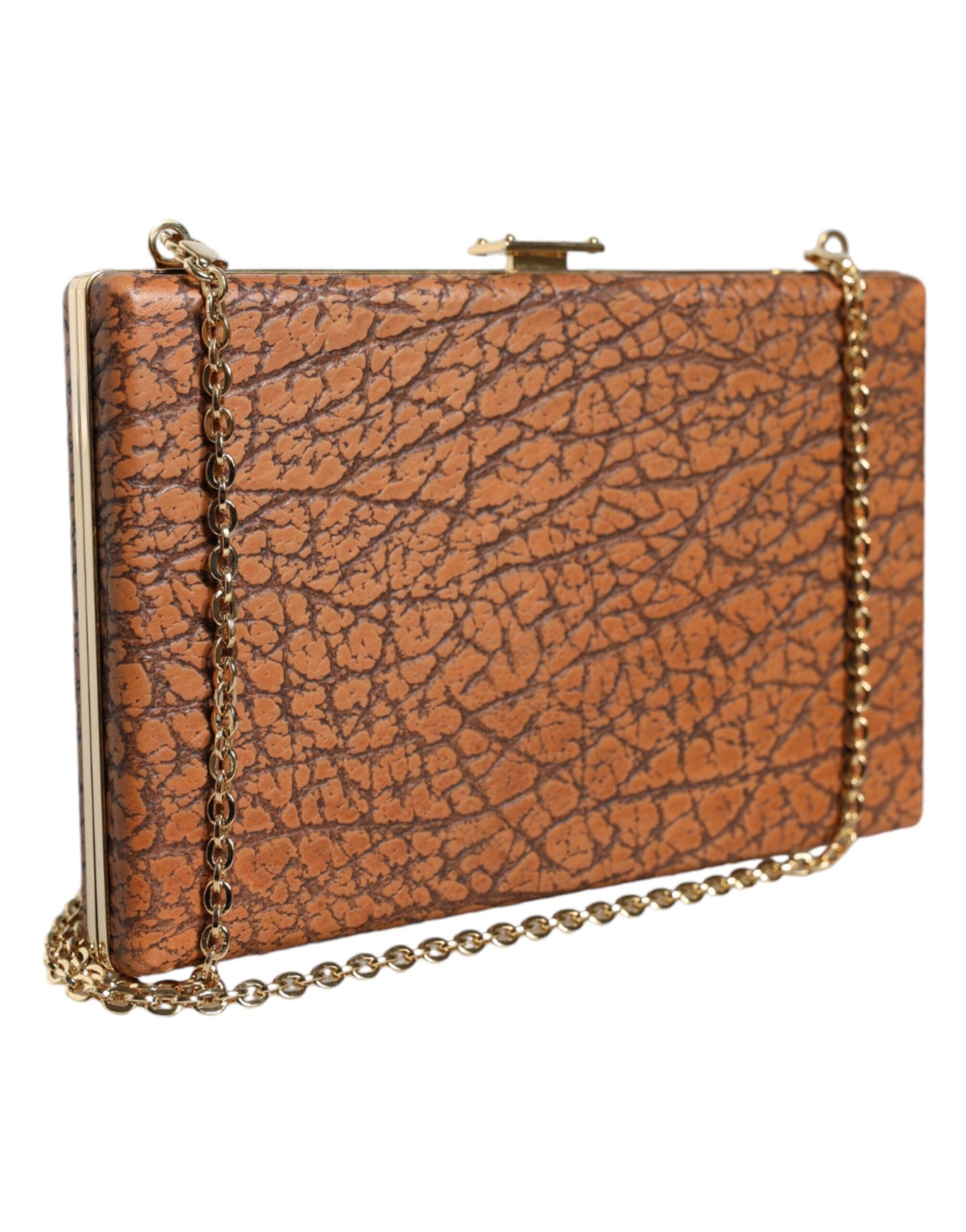 Dolce & Gabbana – Clutch aus braunem Leder mit goldenem Rahmen und kleiner Umhängetasche