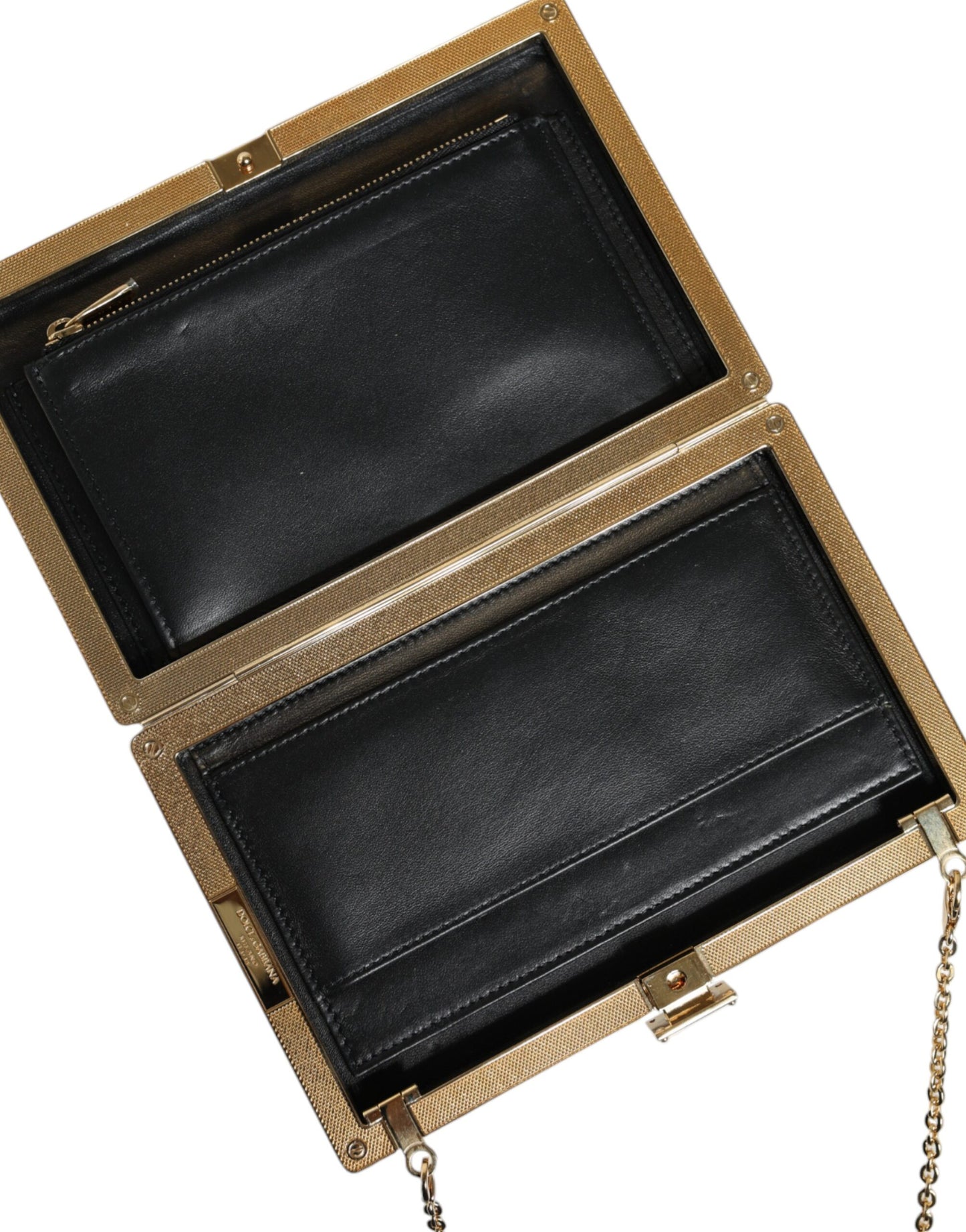 Dolce & Gabbana – Clutch aus braunem Leder mit goldenem Rahmen und kleiner Umhängetasche