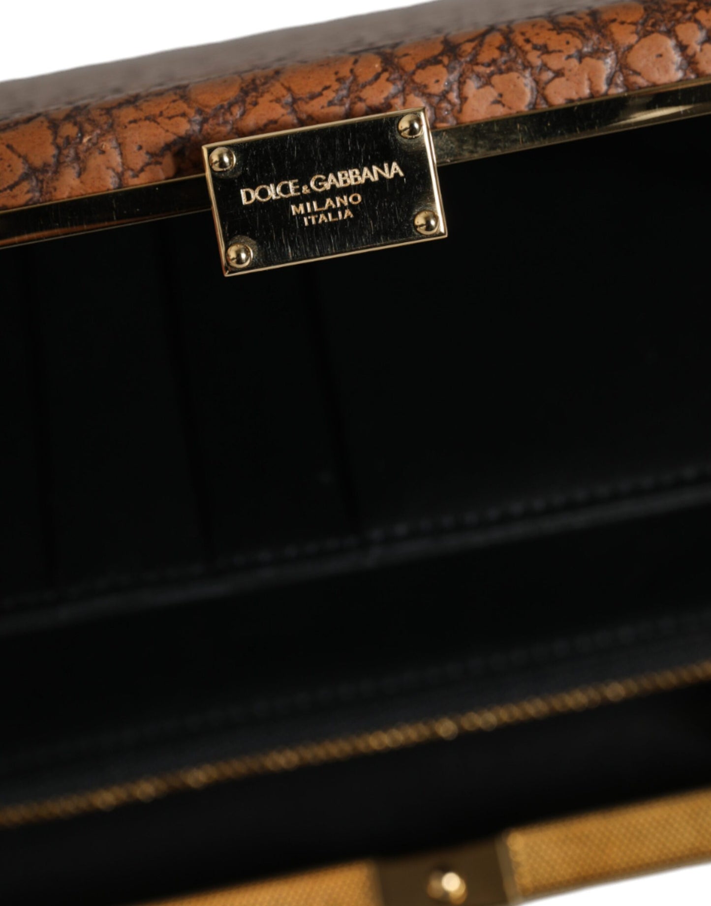 Dolce & Gabbana – Clutch aus braunem Leder mit goldenem Rahmen und kleiner Umhängetasche