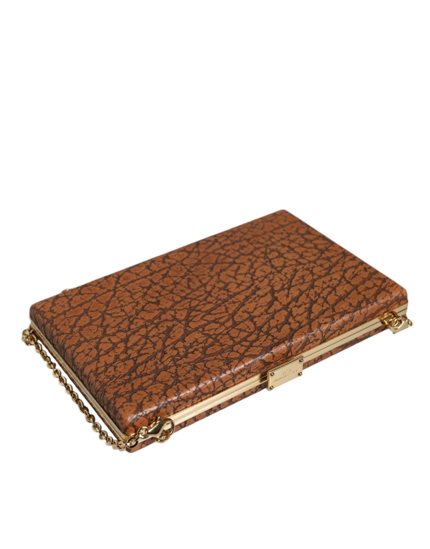 Dolce & Gabbana – Clutch aus braunem Leder mit goldenem Rahmen und kleiner Umhängetasche