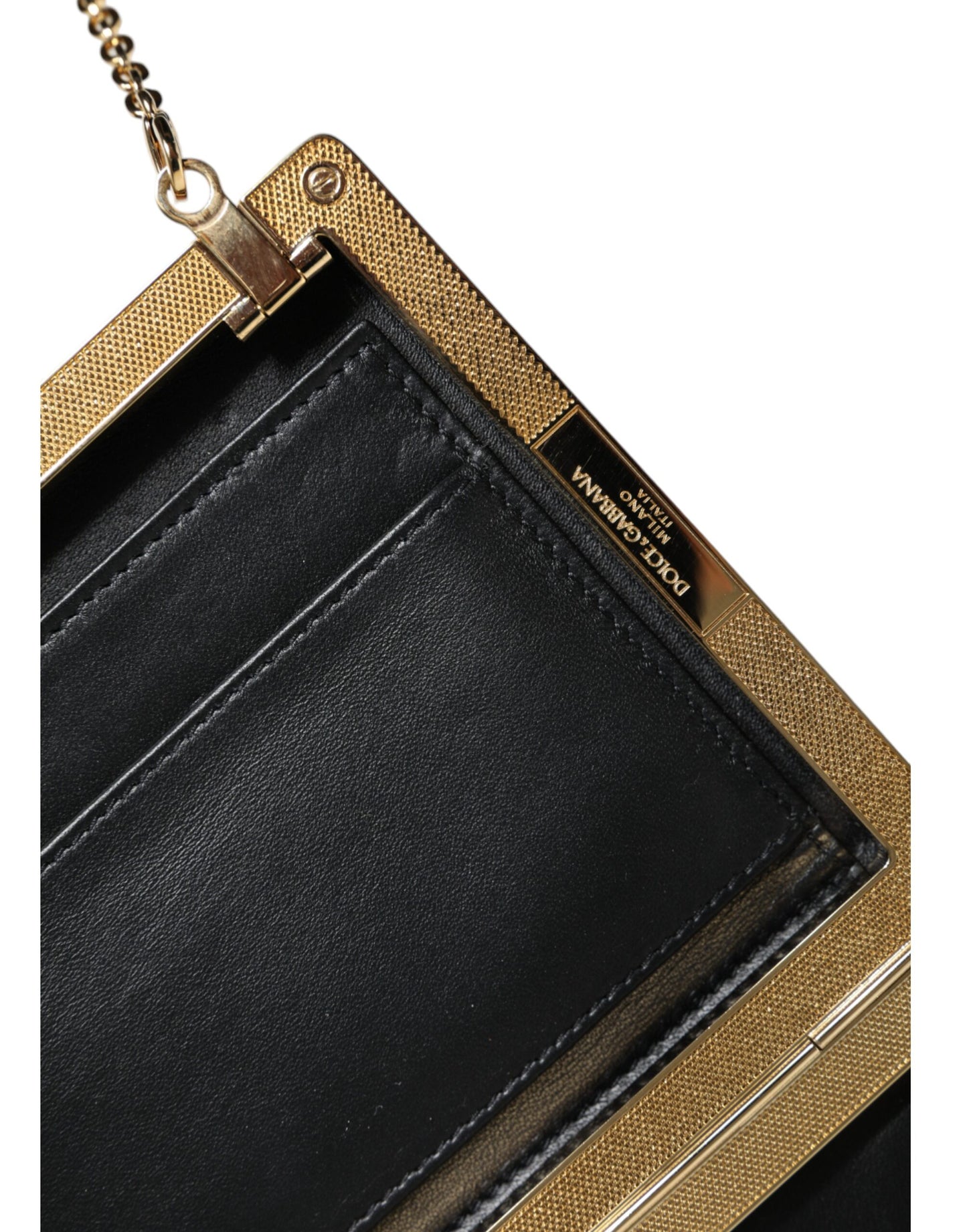 Dolce & Gabbana – Clutch aus braunem Leder mit goldenem Rahmen und kleiner Umhängetasche