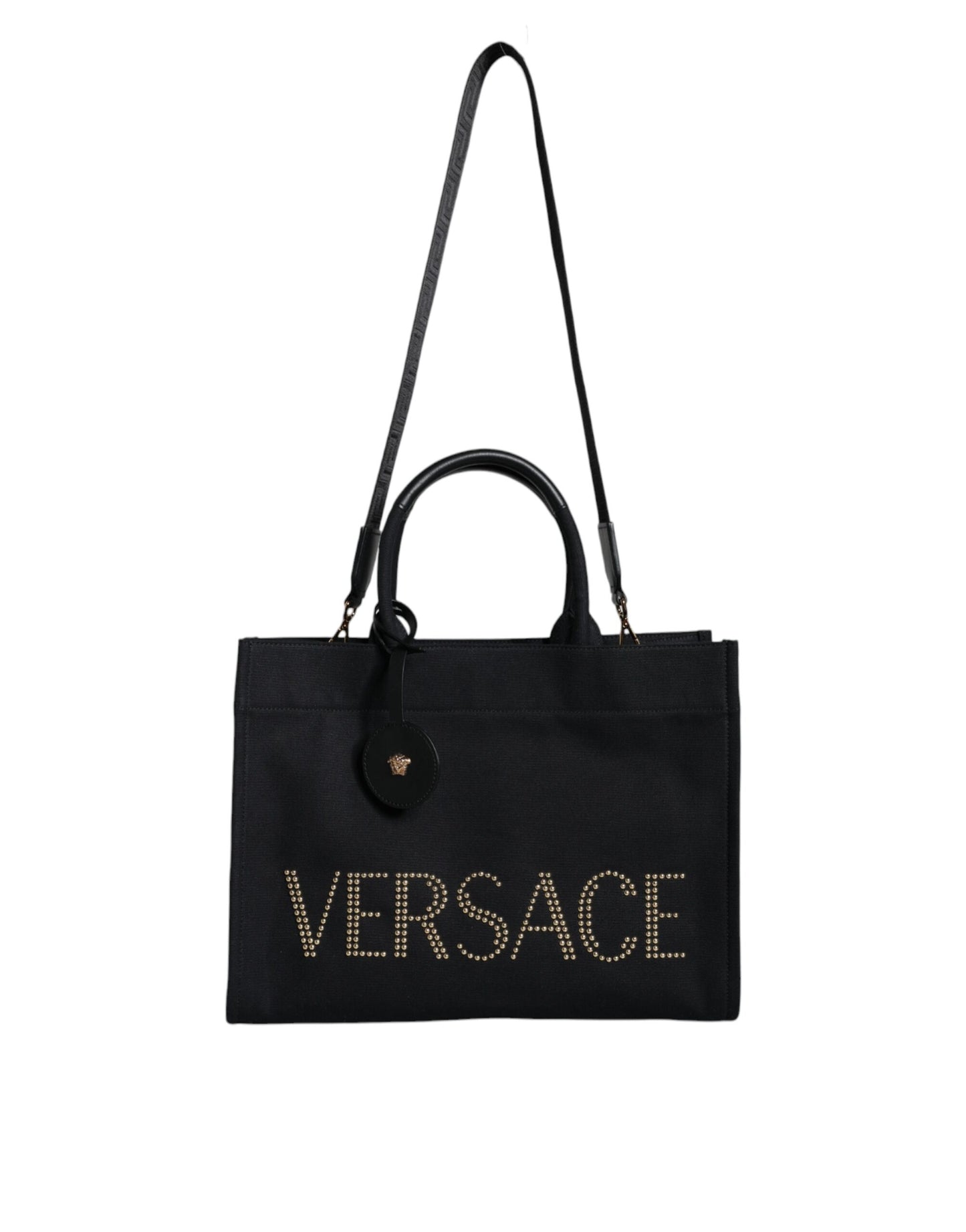 Sac fourre-tout à bandoulière en toile et cuir noir avec logo Versace