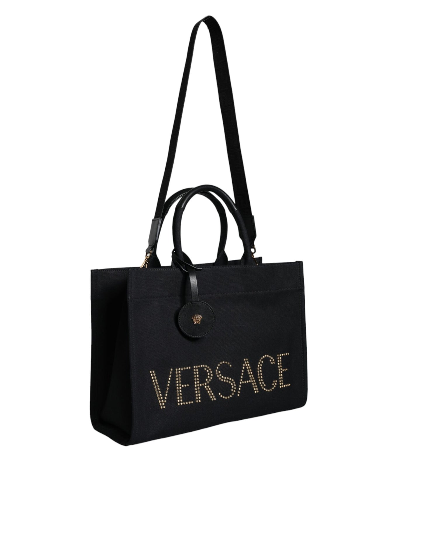 Sac fourre-tout à bandoulière en toile et cuir noir avec logo Versace
