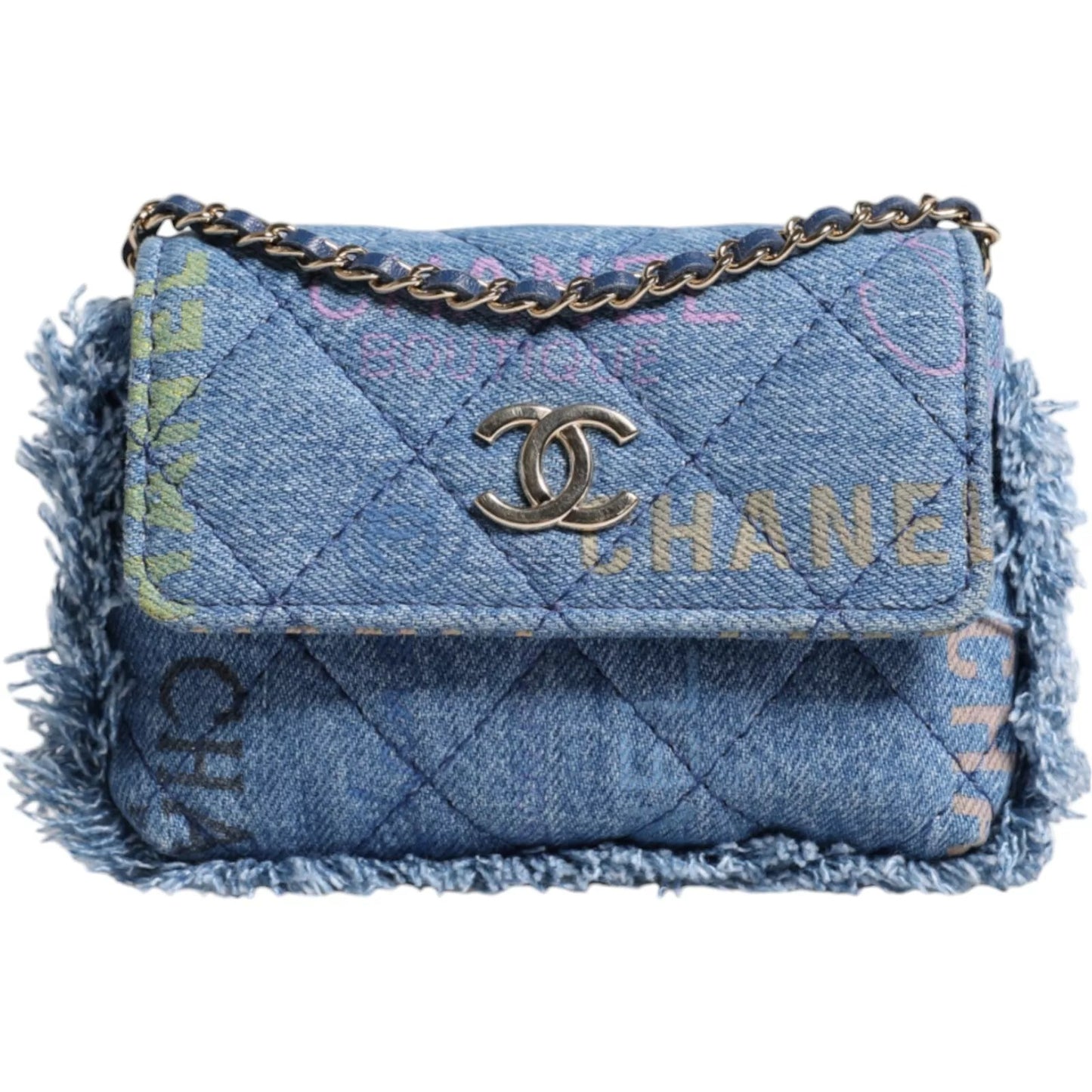 Sac bandoulière à franges imprimé micro logo Chanel Denim Mood Flap