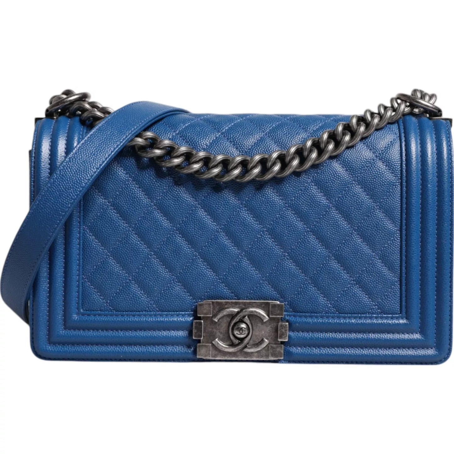 Chanel – Mittelgroße Umhängetasche aus blauem Lammleder mit Doppelkette