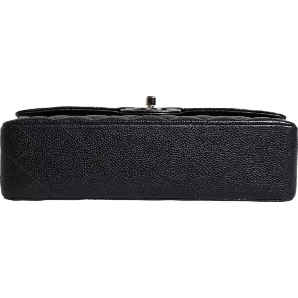 Chanel Black Caviar Medium Classic Double Flap Schultertasche in gestepptem Silber