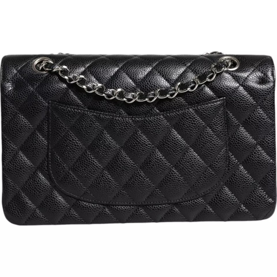 Chanel Black Caviar Medium Classic Double Flap Schultertasche in gestepptem Silber