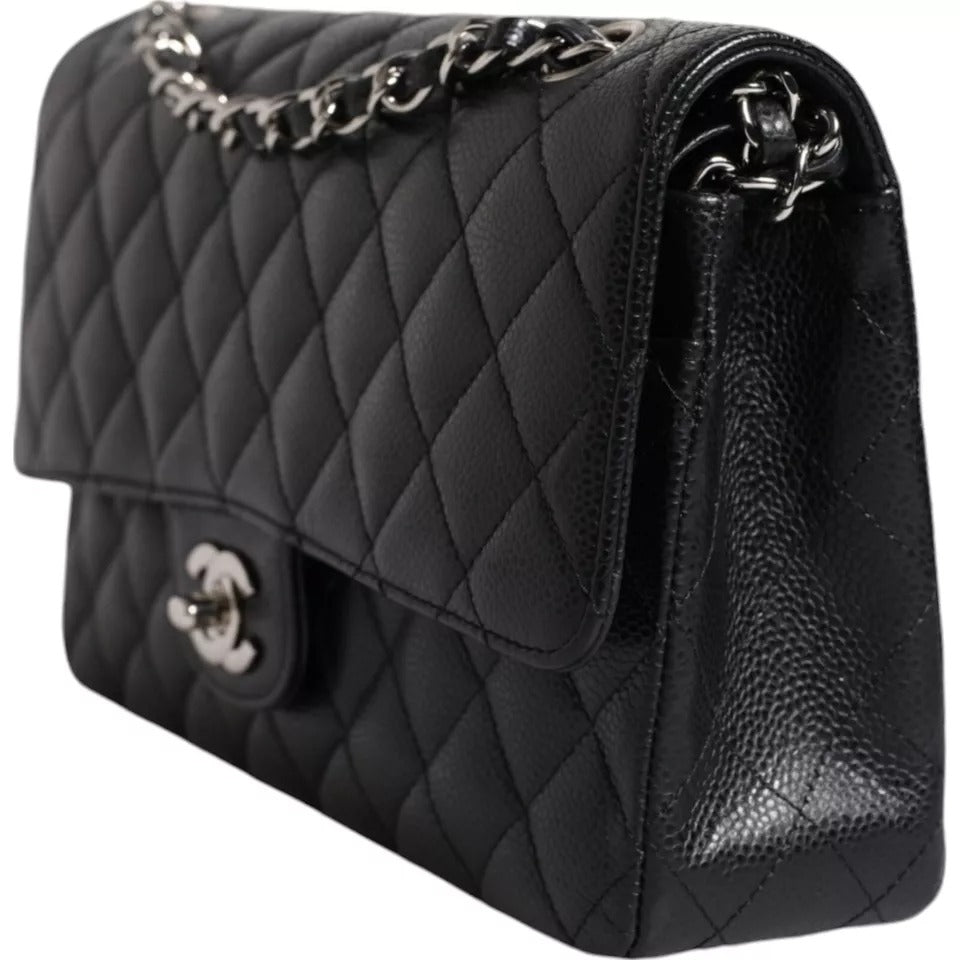 Chanel Black Caviar Medium Classic Double Flap Schultertasche in gestepptem Silber