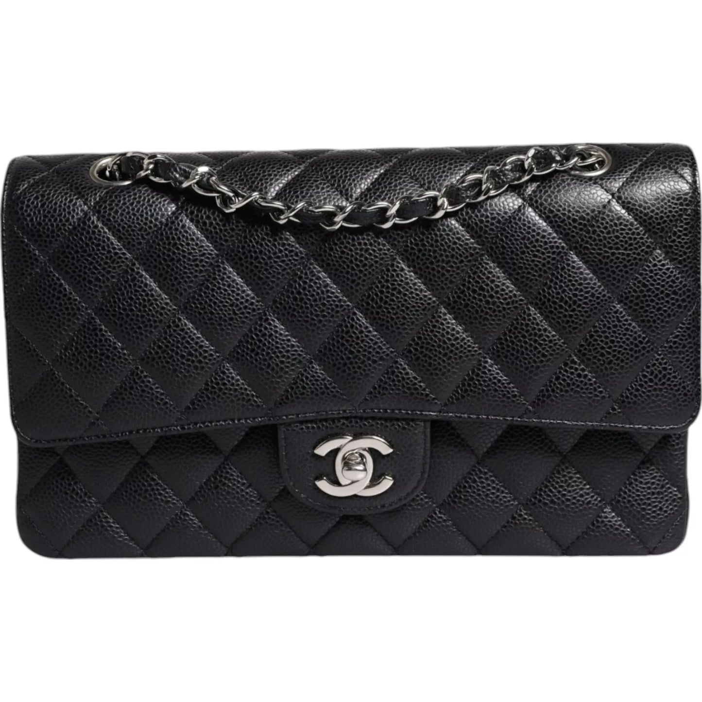 Chanel Black Caviar Medium Classic Double Flap Schultertasche in gestepptem Silber