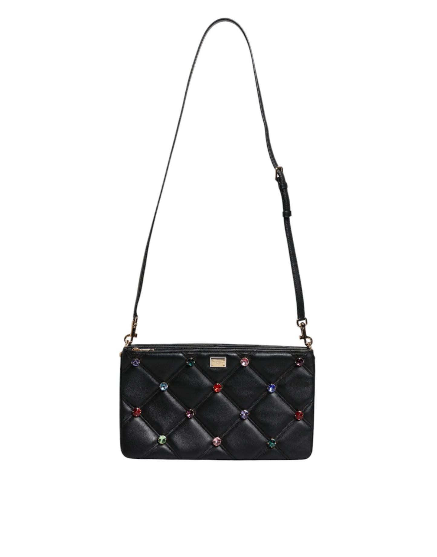 Dolce & Gabbana – Schultertasche aus schwarzem Leder mit Kristallverzierung und Logo