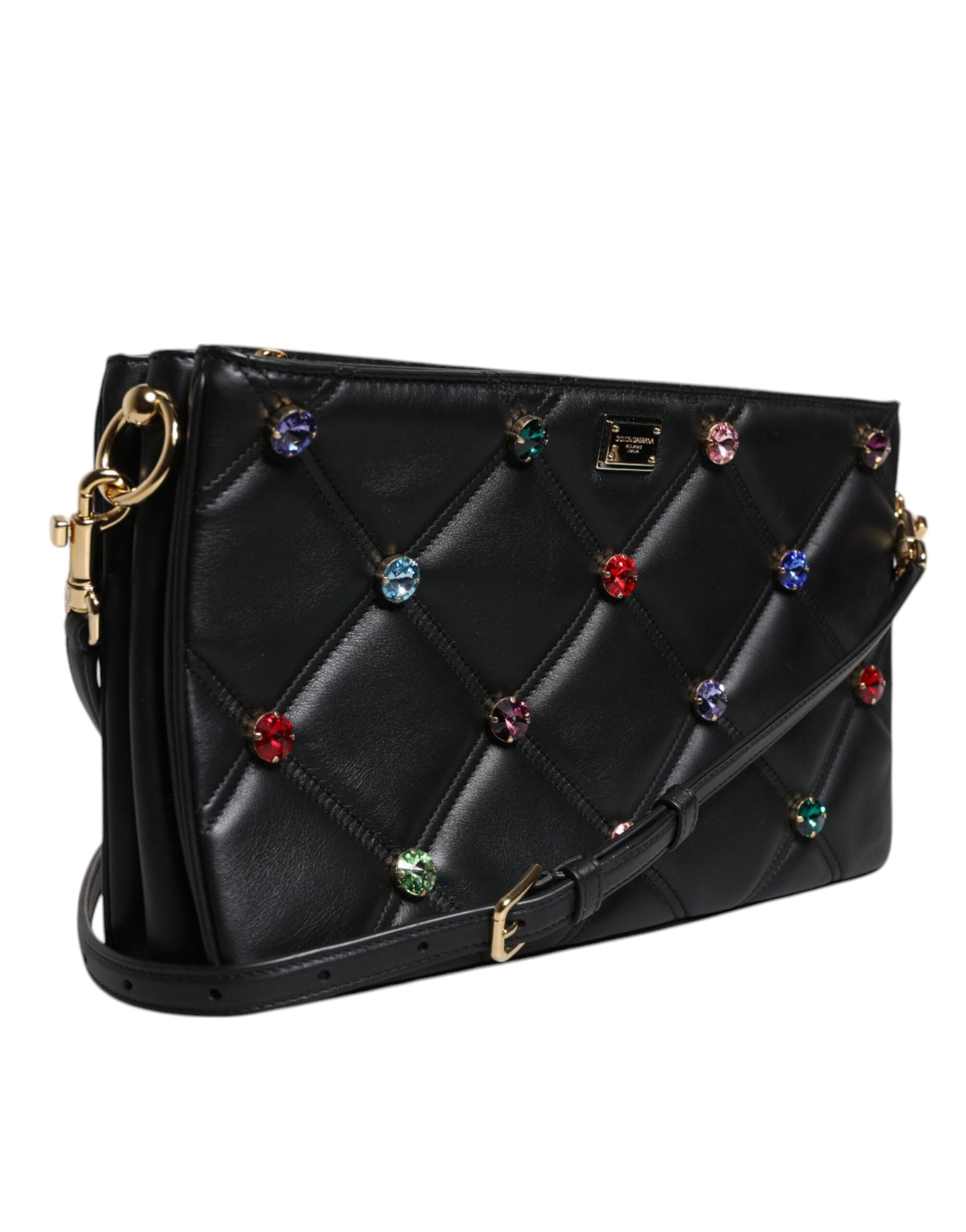 Dolce & Gabbana – Schultertasche aus schwarzem Leder mit Kristallverzierung und Logo
