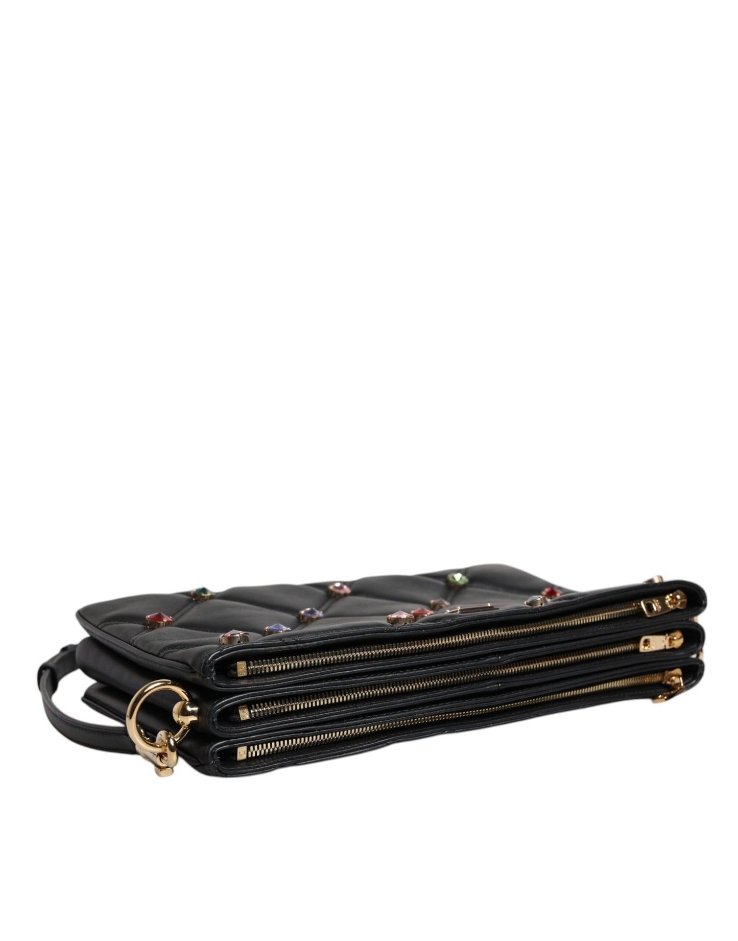 Dolce & Gabbana – Schultertasche aus schwarzem Leder mit Kristallverzierung und Logo