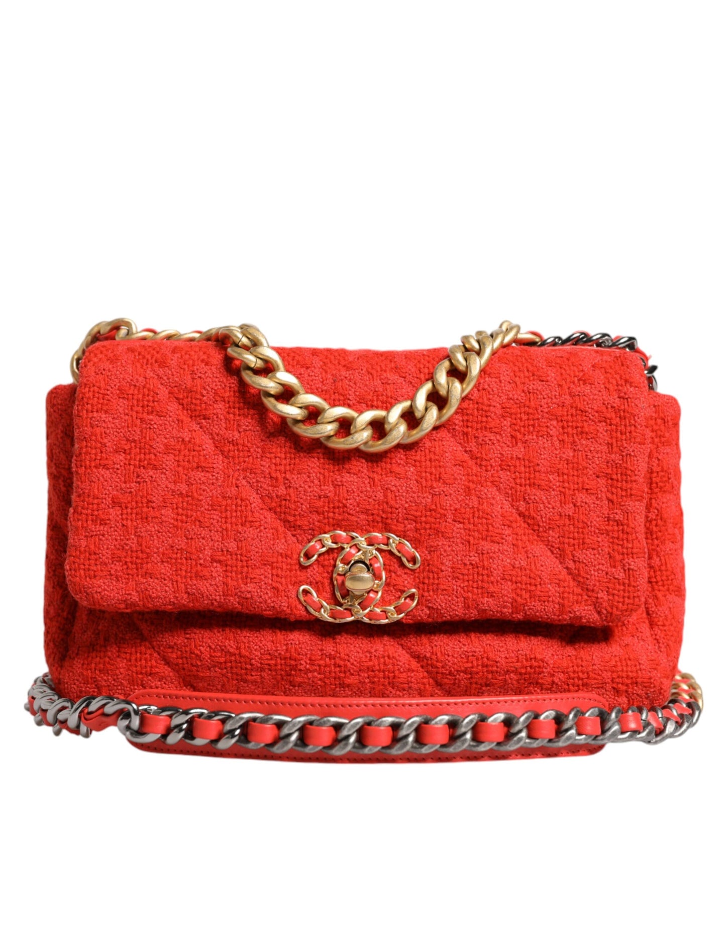 Sac à main Chanel en tweed rouge à deux voies avec chaîne moyenne