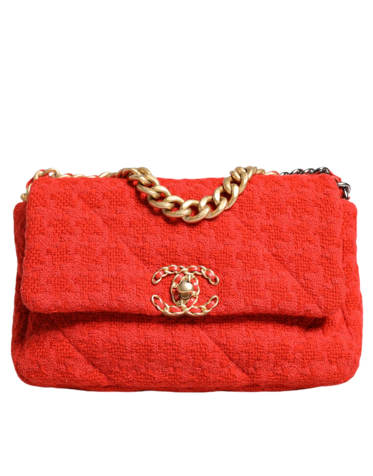 Sac à main Chanel en tweed rouge à deux voies avec chaîne moyenne