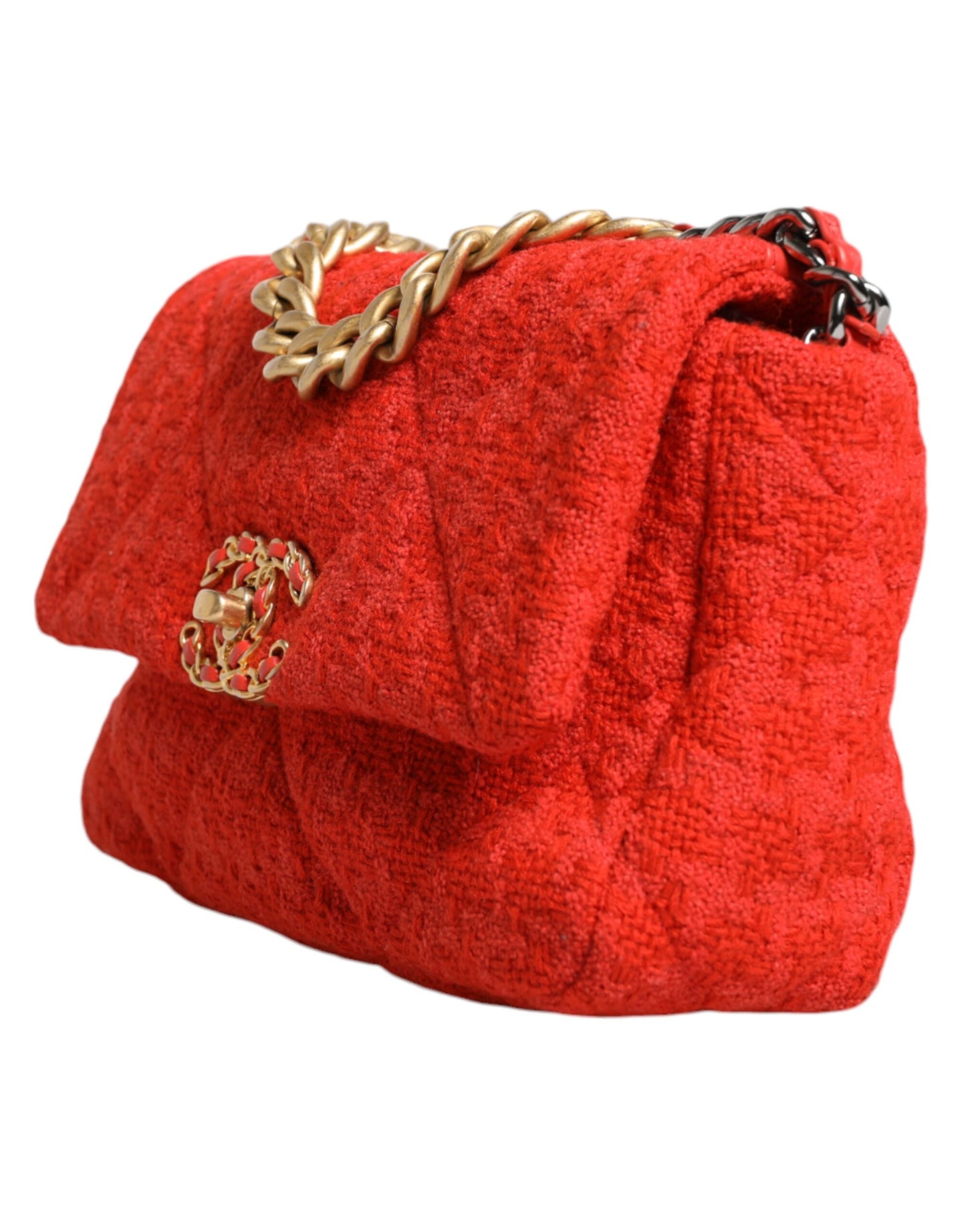 Sac à main Chanel en tweed rouge à deux voies avec chaîne moyenne