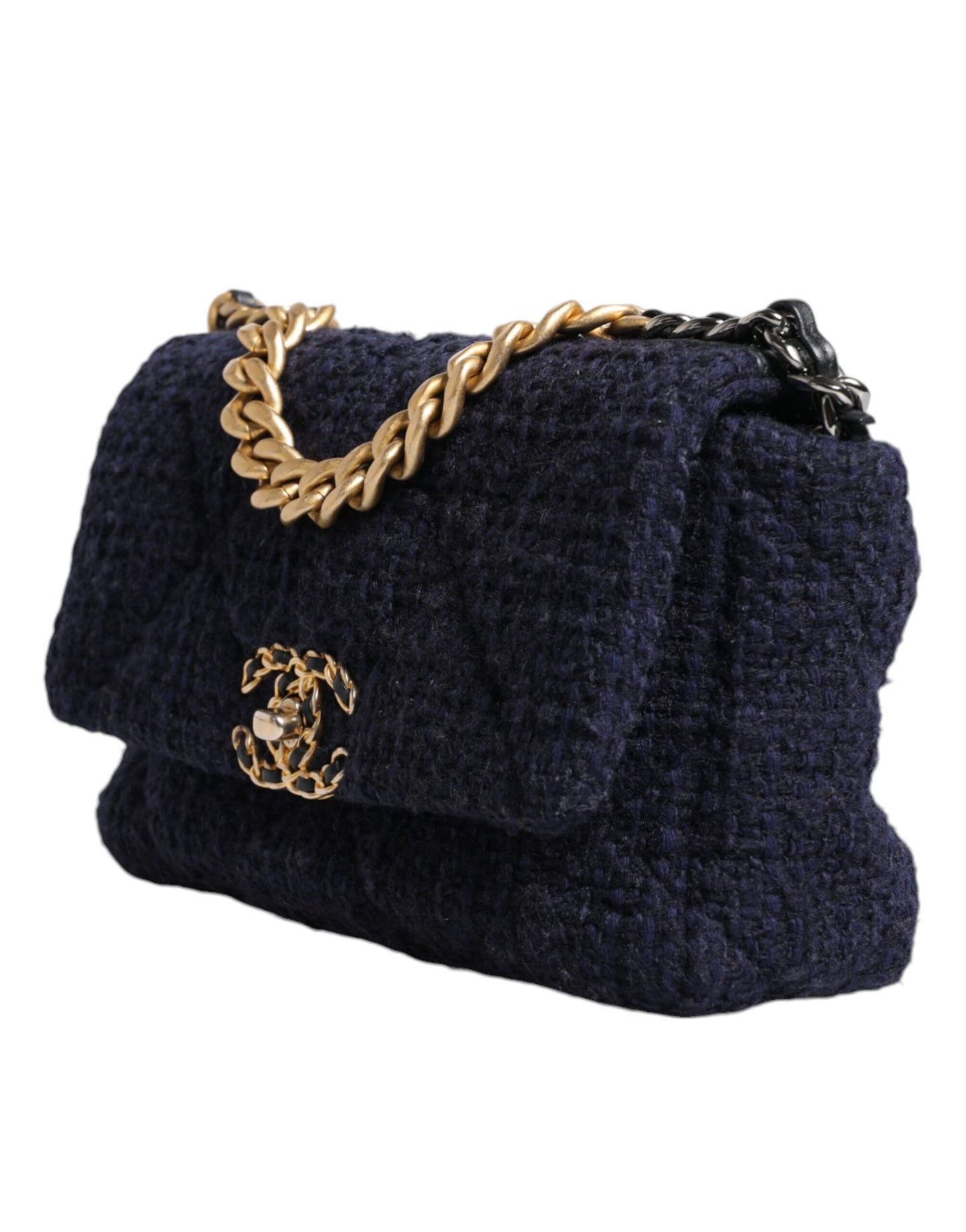 Chanel Dunkelblaue CC-Umhängetasche aus Tweed mit mittlerer Klappe und goldgrauer Kette