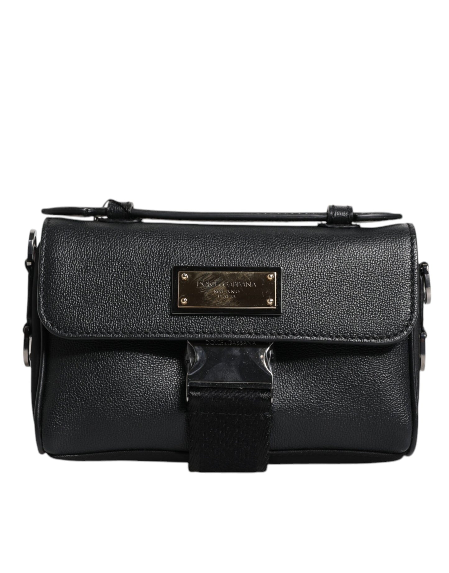 Dolce & Gabbana – Schwarze Umhängetasche aus Leder mit Logo-Schild und Schnalle