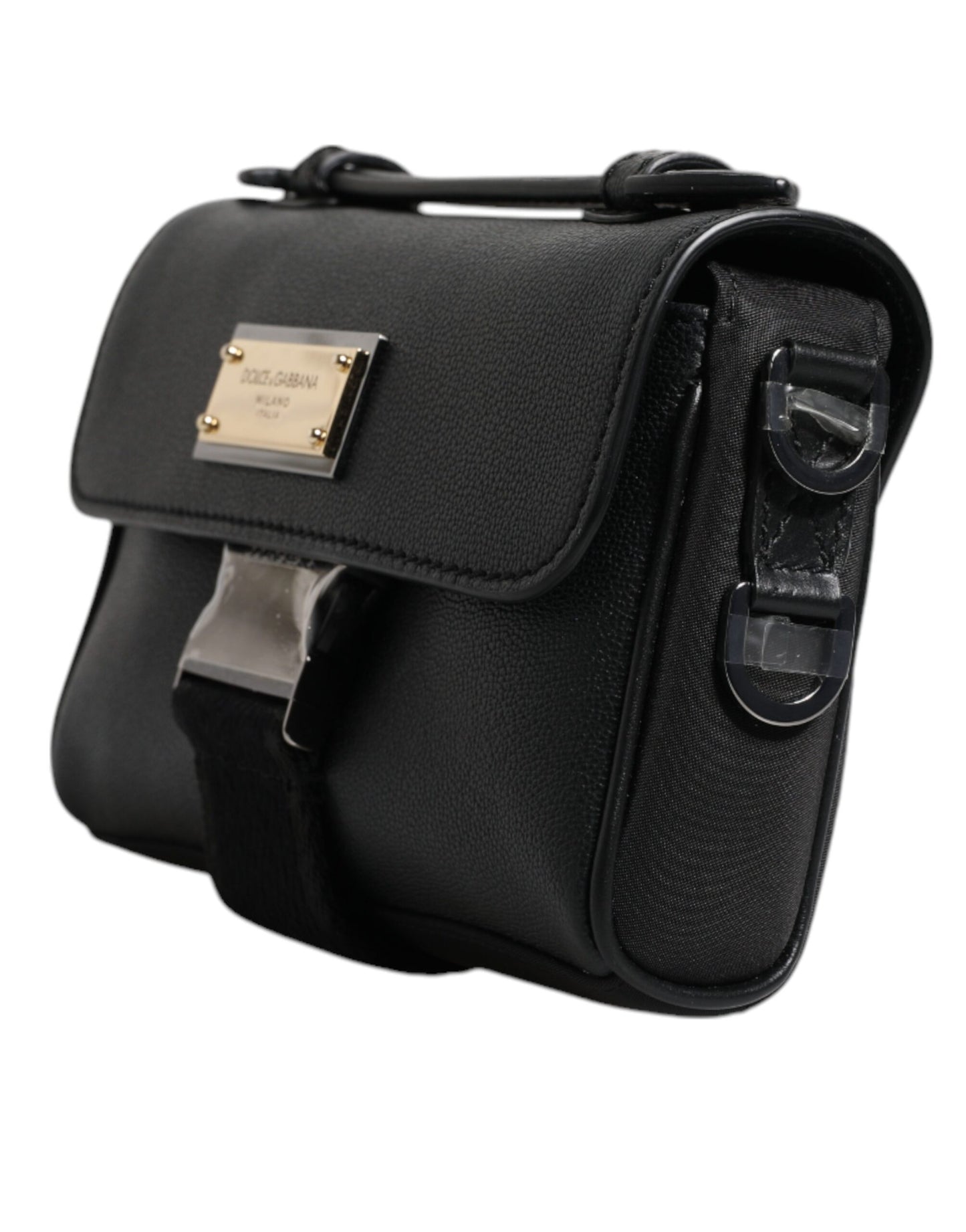 Dolce & Gabbana – Schwarze Umhängetasche aus Leder mit Logo-Schild und Schnalle