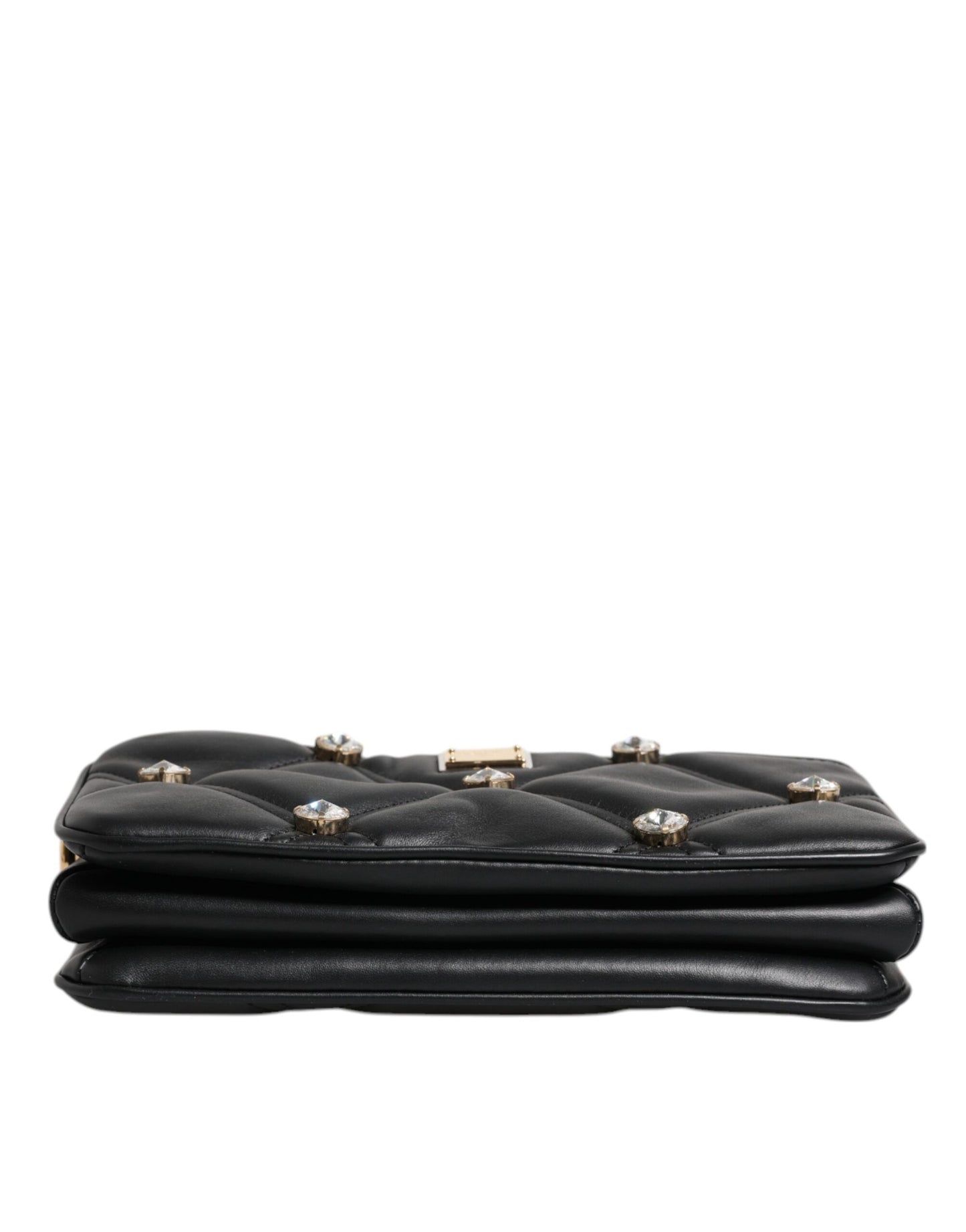 Dolce & Gabbana – Schultertasche aus schwarzem Leder mit Kristallverzierung und Logo