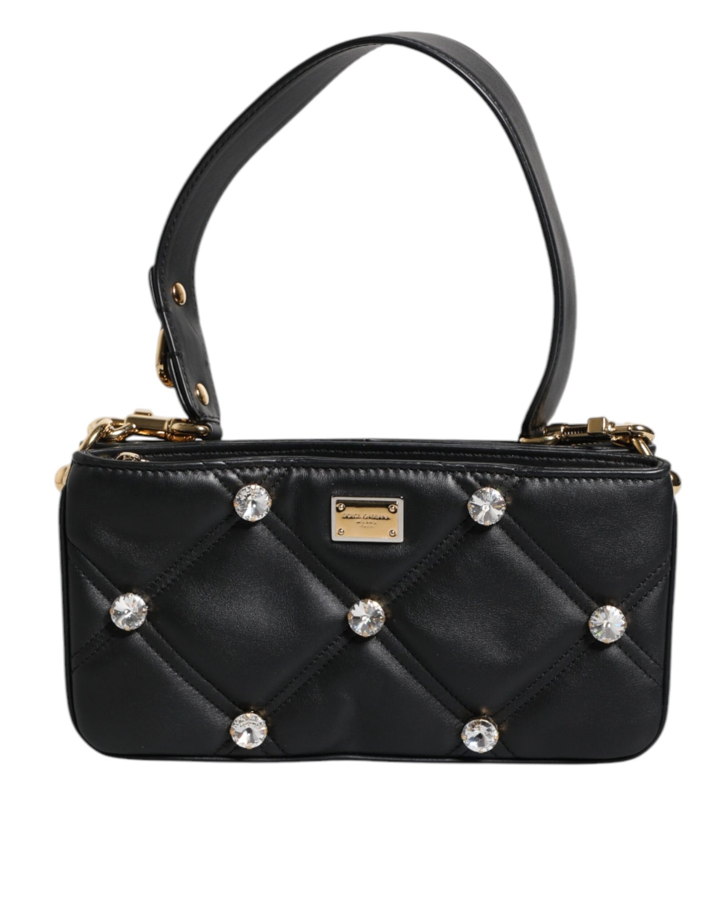 Dolce & Gabbana – Schultertasche aus schwarzem Leder mit Kristallverzierung und Logo