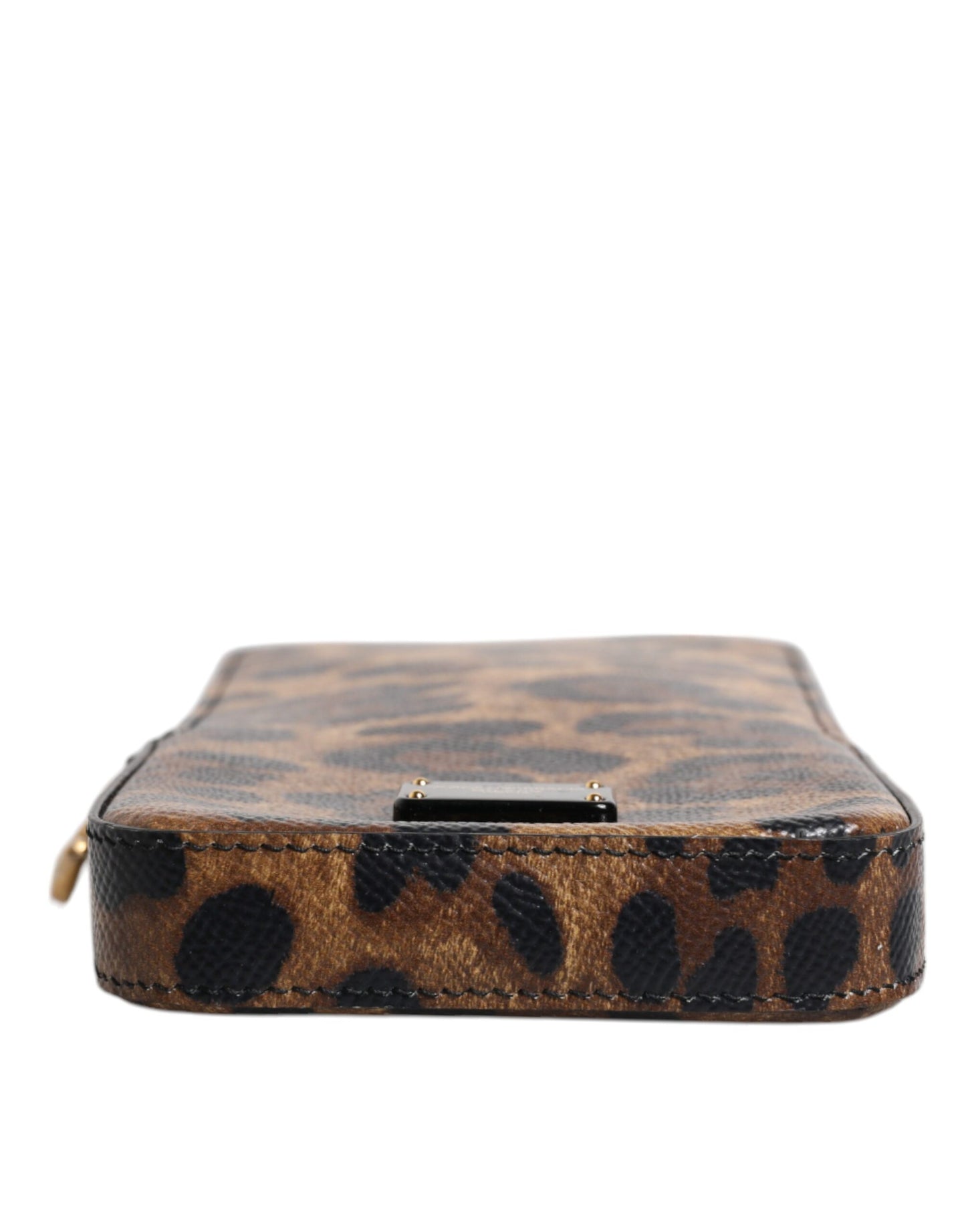 Portefeuille zippé en cuir Dauphine marron imprimé léopard Dolce & Gabbana