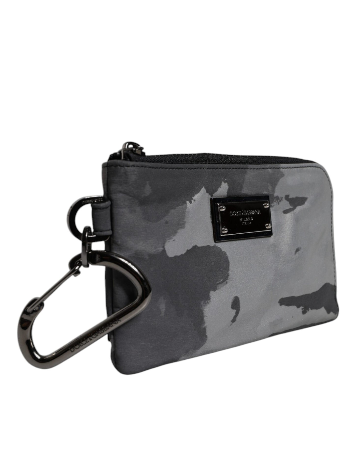 Dolce & Gabbana – Schwarz-graue Camouflage-Tasche mit Logo-Plakette und Schlüsselanhänger