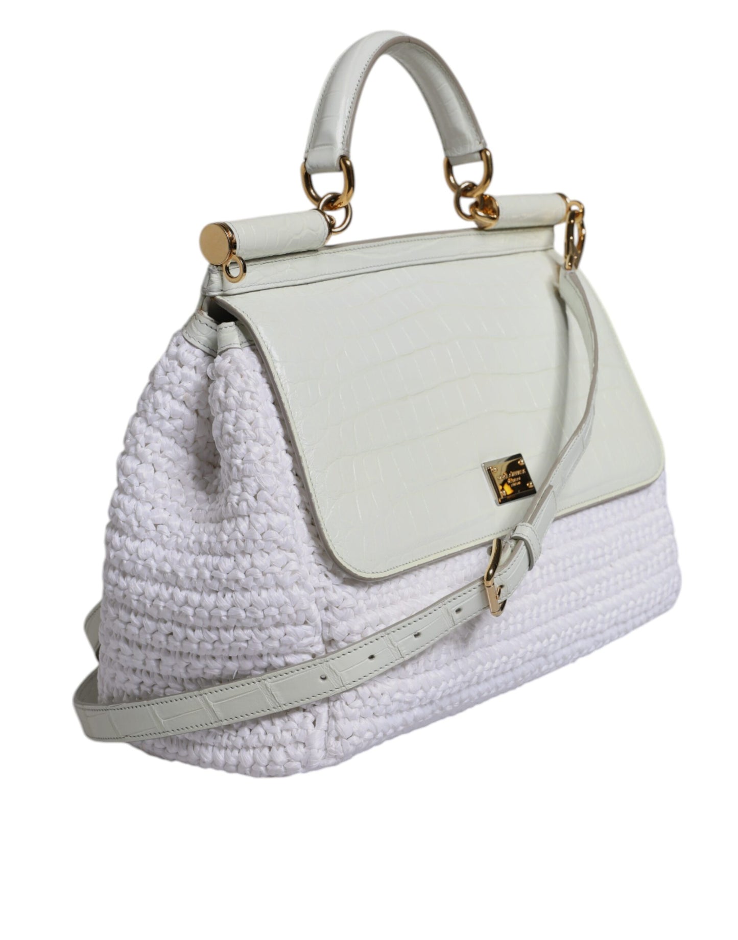 Sac bandoulière en cuir blanc Rafia Dolce & Gabbana avec poignée supérieure