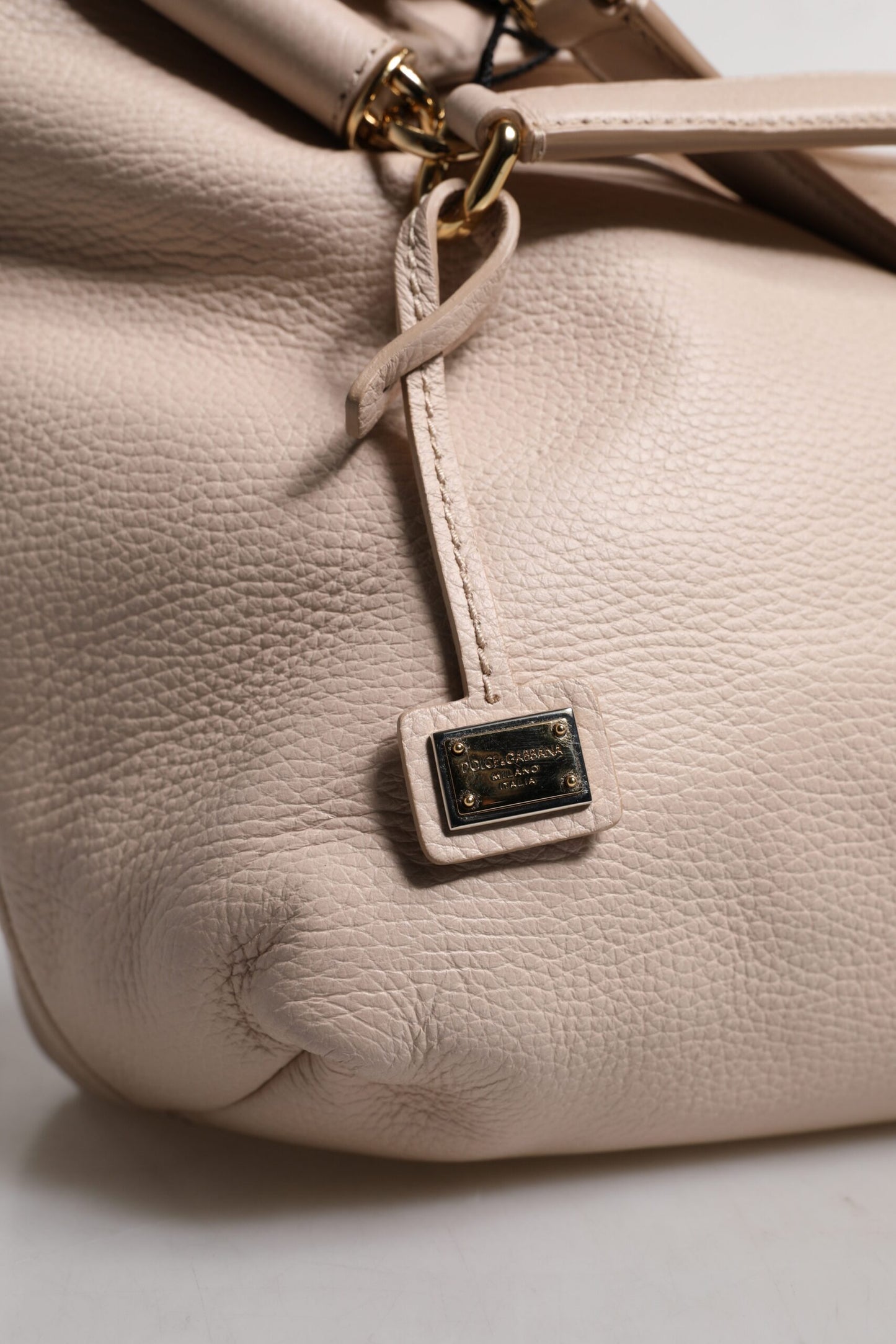 Sac fourre-tout à poignée supérieure en cuir de cerf rose clair Dolce & Gabbana avec plaque logo