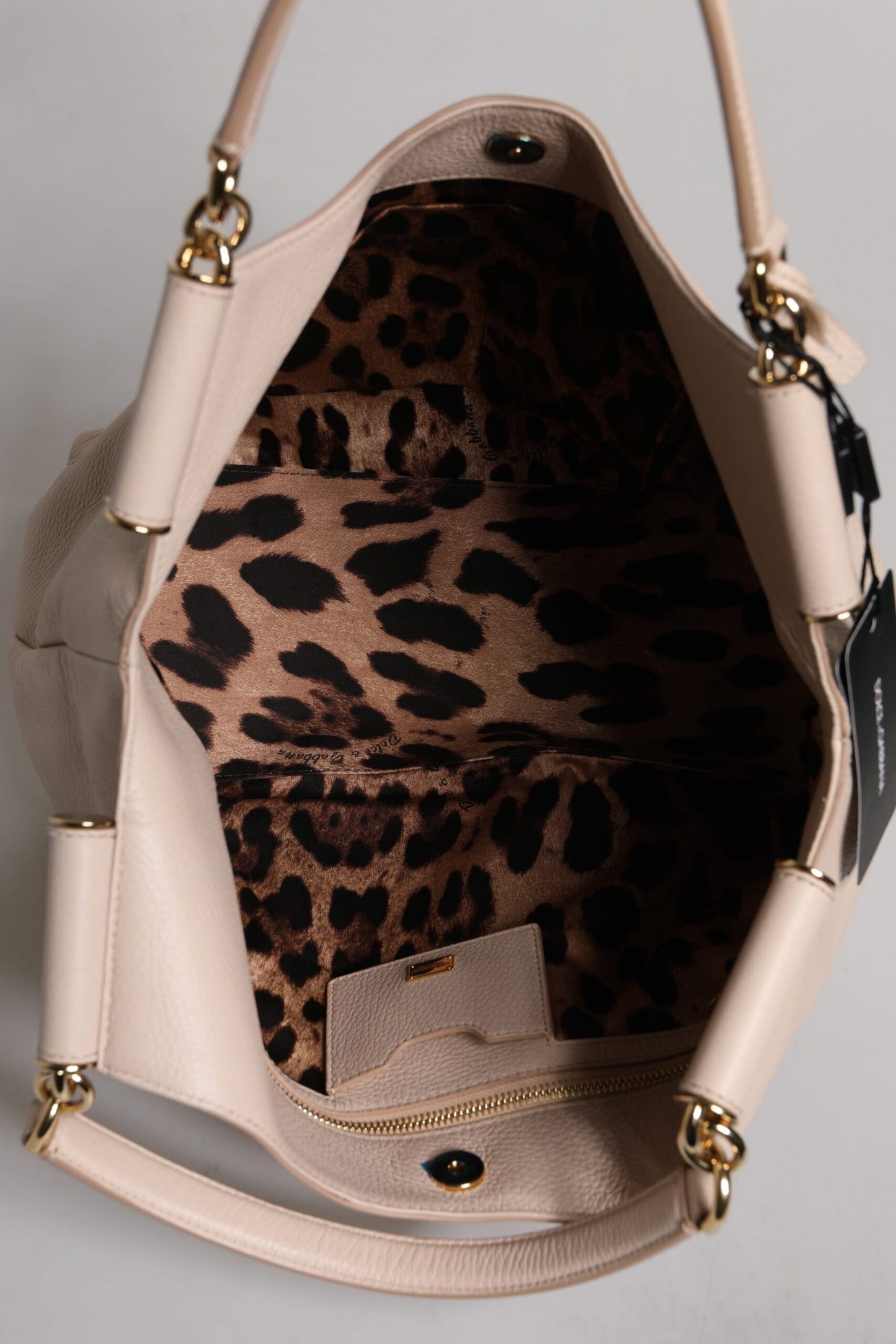 Sac fourre-tout à poignée supérieure en cuir de cerf rose clair Dolce & Gabbana avec plaque logo