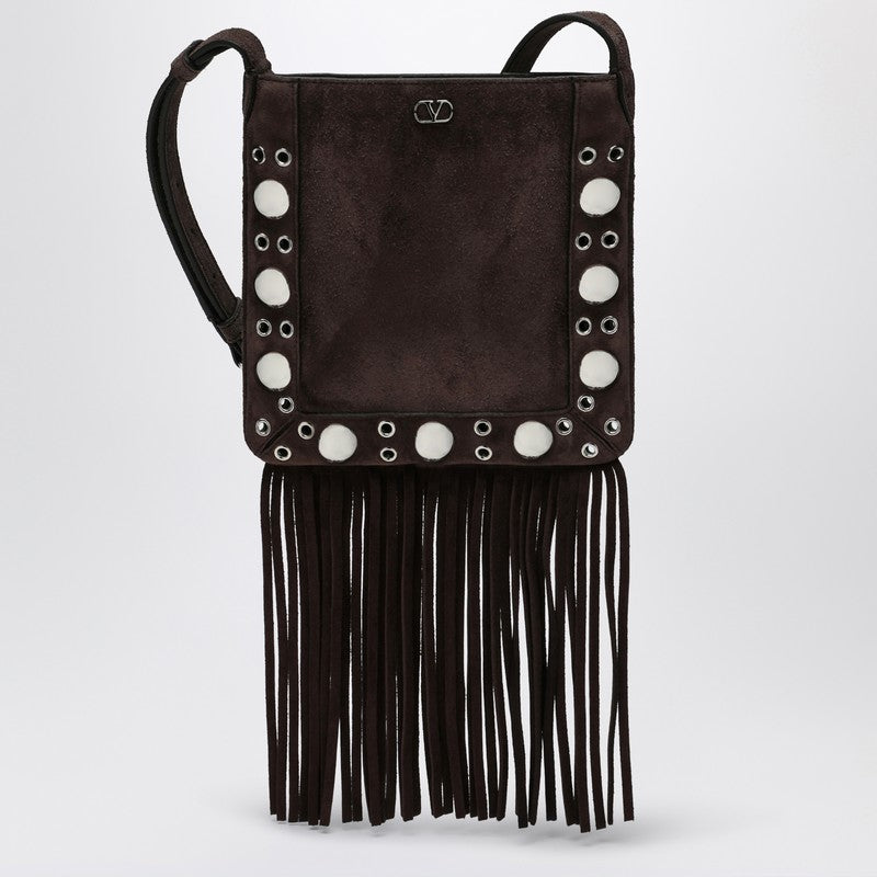 Valentino Garavani Nellcôte Brown Suede Bag With Fringes And Studs